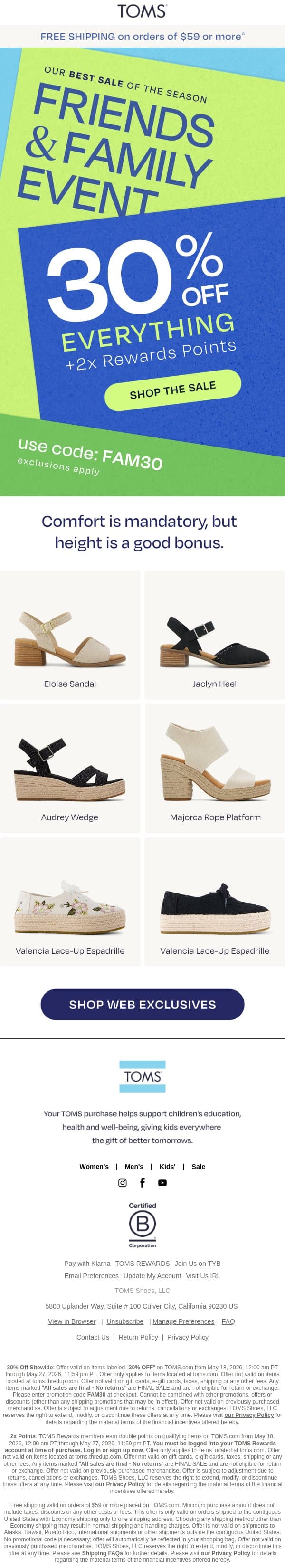 30% Off Online Exclusives + 2X Points! 📲 email from TOMS screenshot