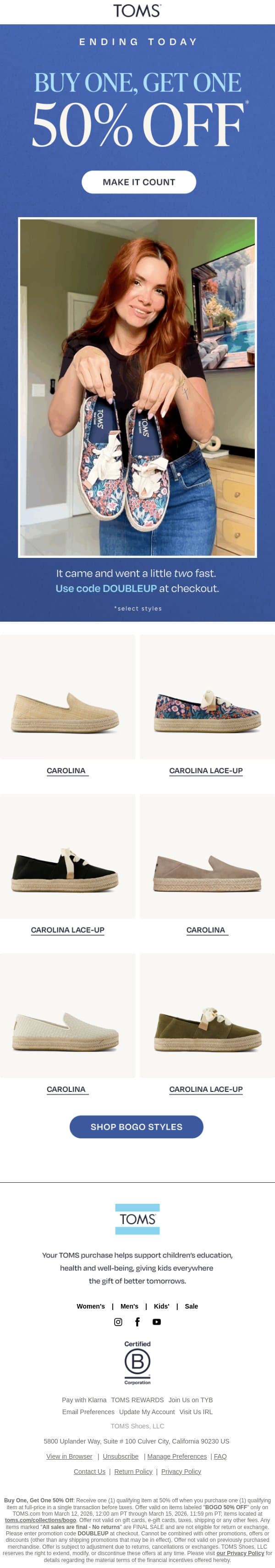 Almost Gone: BOGO 50% Off 👟 email from TOMS screenshot