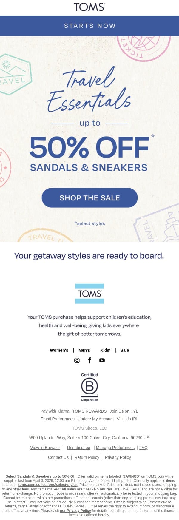 Save Up to 50% Off Travel Essentials email from TOMS screenshot