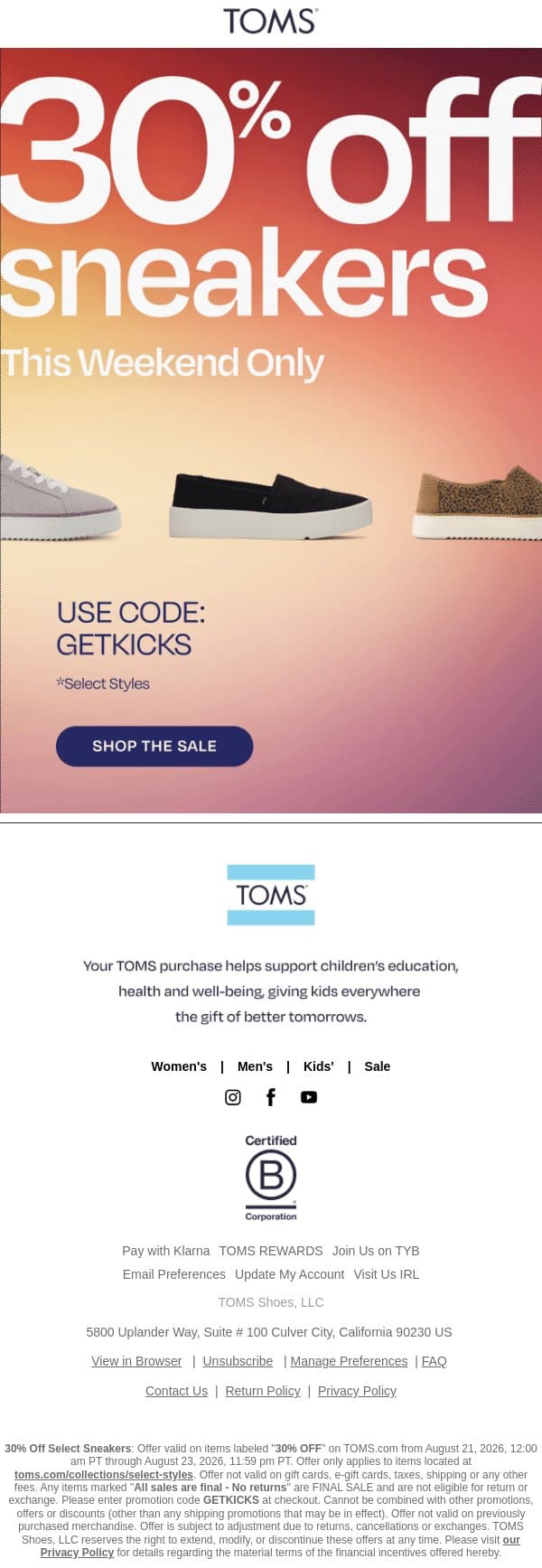 👟 Sneaker Weekend Deals Start Now: 30% Off email from TOMS screenshot