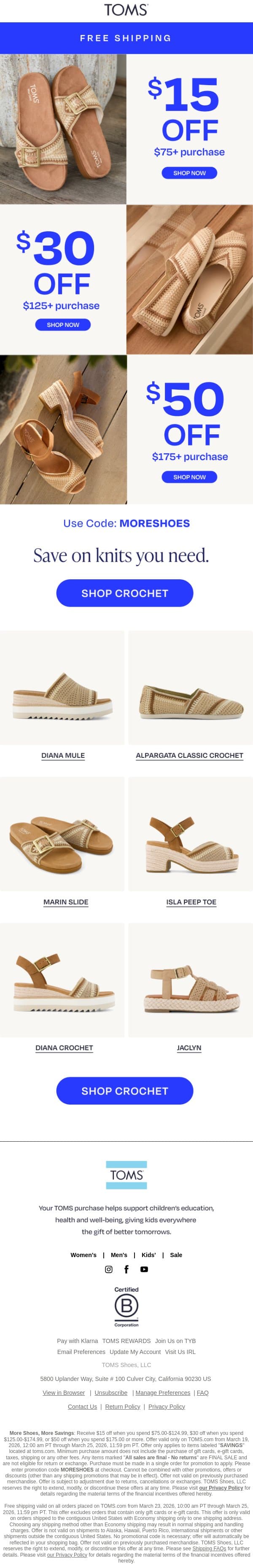Save Up to $50 + Free Shipping email from TOMS screenshot