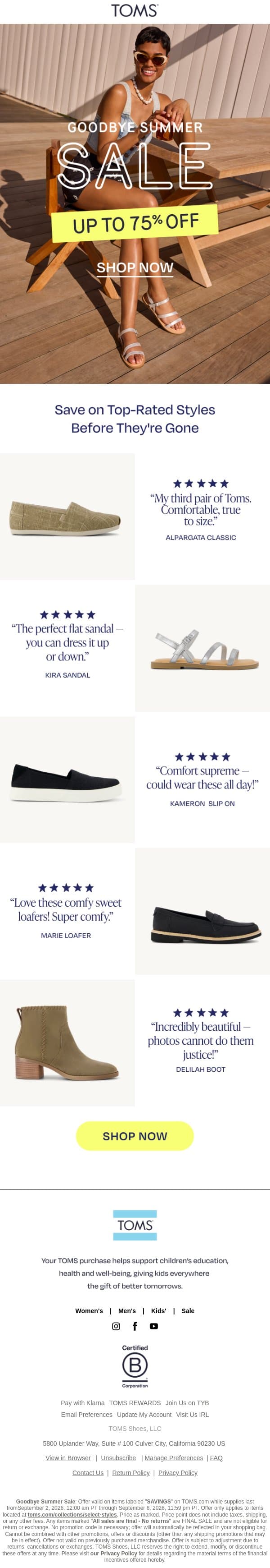 🚨 Ends Tonight: Goodbye Summer Sale email from TOMS screenshot