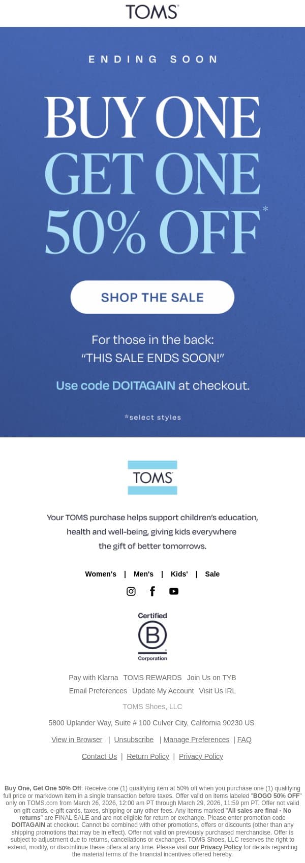 BOGO 50% Off is Winding Down 😭 email from TOMS screenshot
