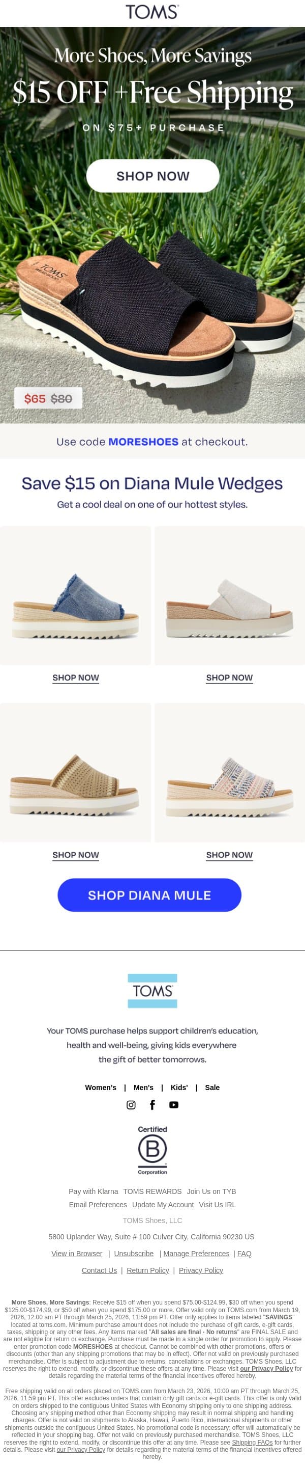 The Diana Mule is $15 Off + Free Shipping email from TOMS screenshot