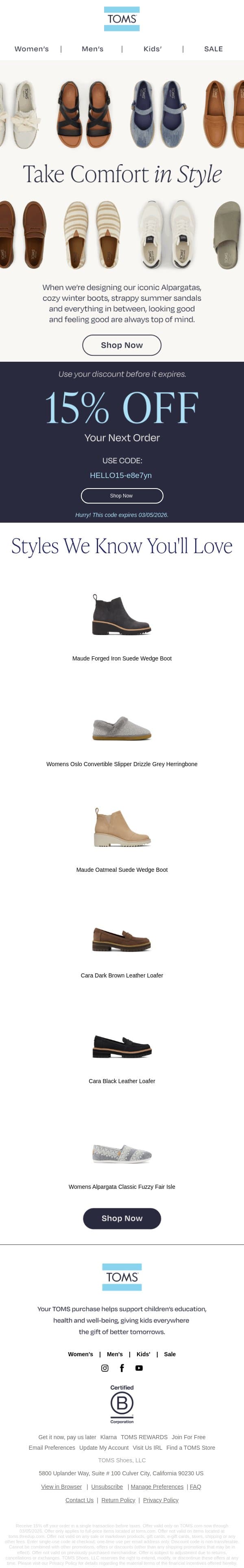 Comfort & Style in Perfect Balance — Enjoy 15% Off email from TOMS screenshot