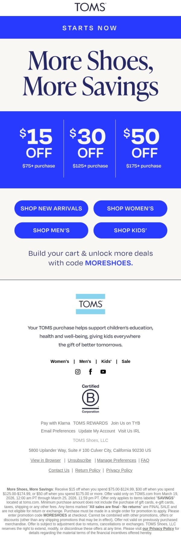 Still Going: Save Up to $50! 👟 email from TOMS screenshot