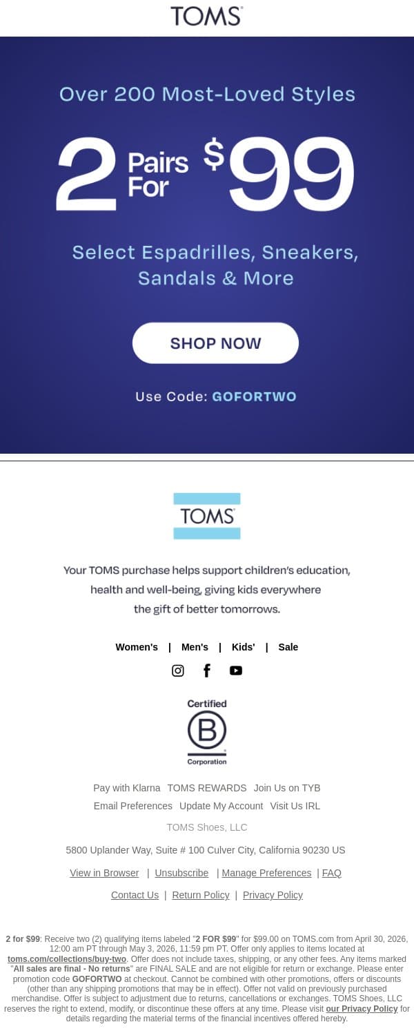 2 for $99 Starts Now 👯‍♀️ email from TOMS screenshot