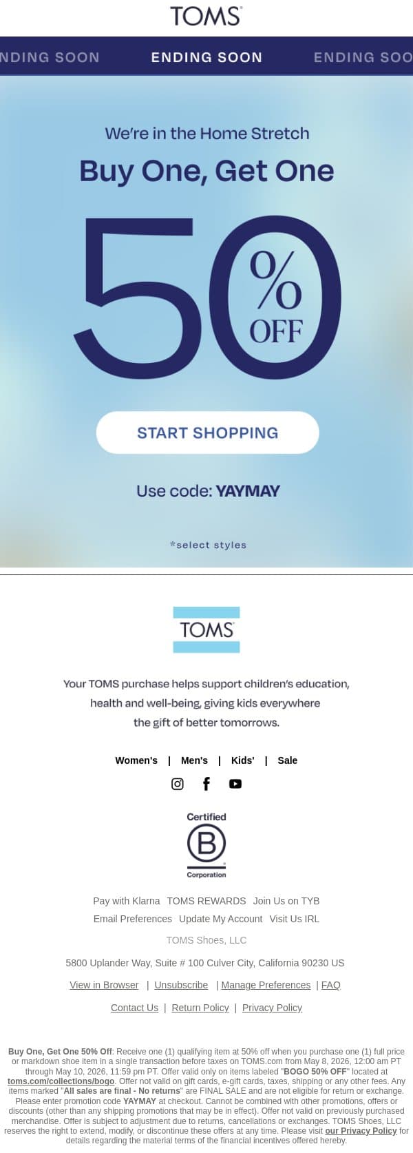 ⏳ Last Day: BOGO 50% Off email from TOMS screenshot