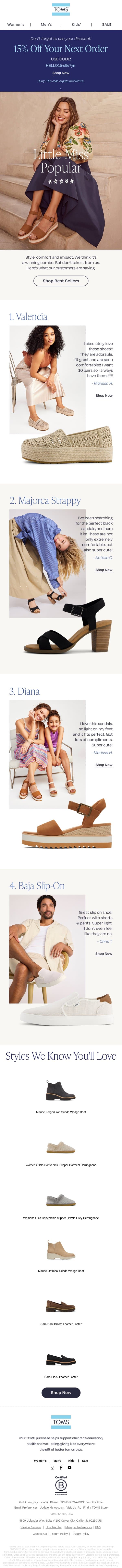 Save 15% on Our Best Sellers email from TOMS screenshot