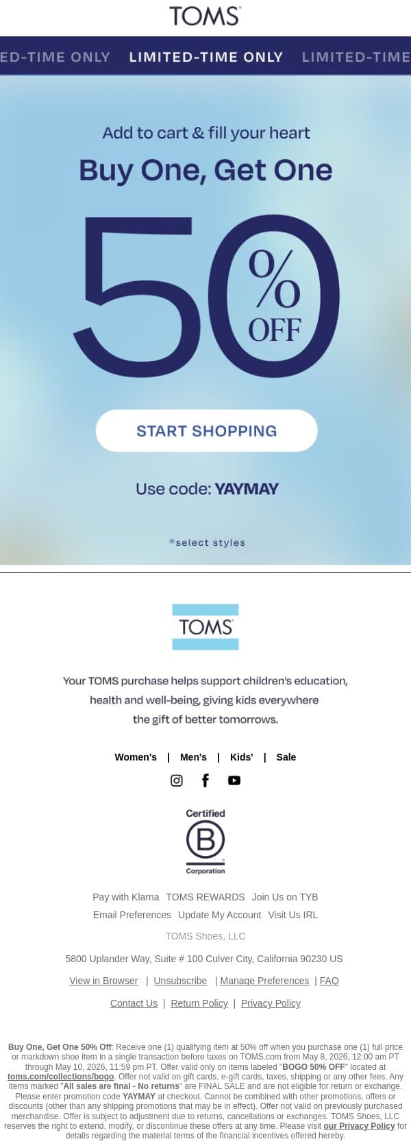 Starts Now: Buy One, Get One 50% Off email from TOMS screenshot