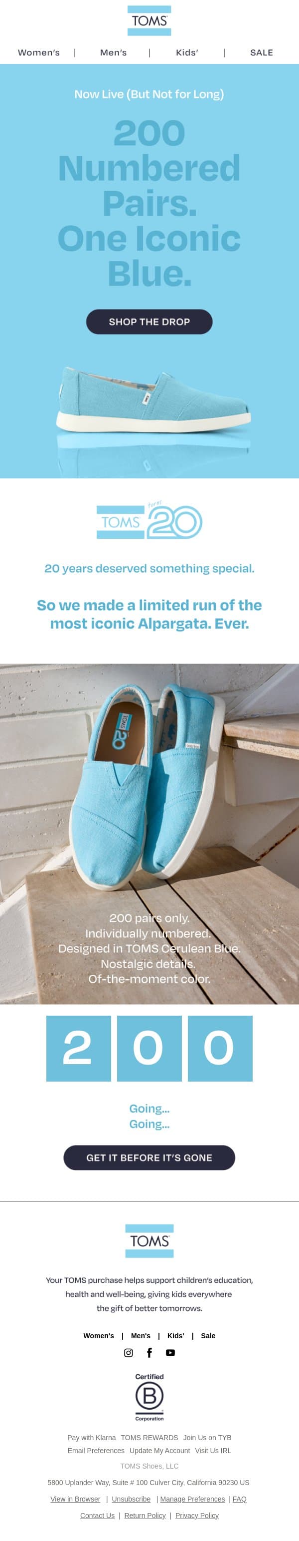 Don't Wait: The Cerulean Color Drop Is Live email from TOMS screenshot
