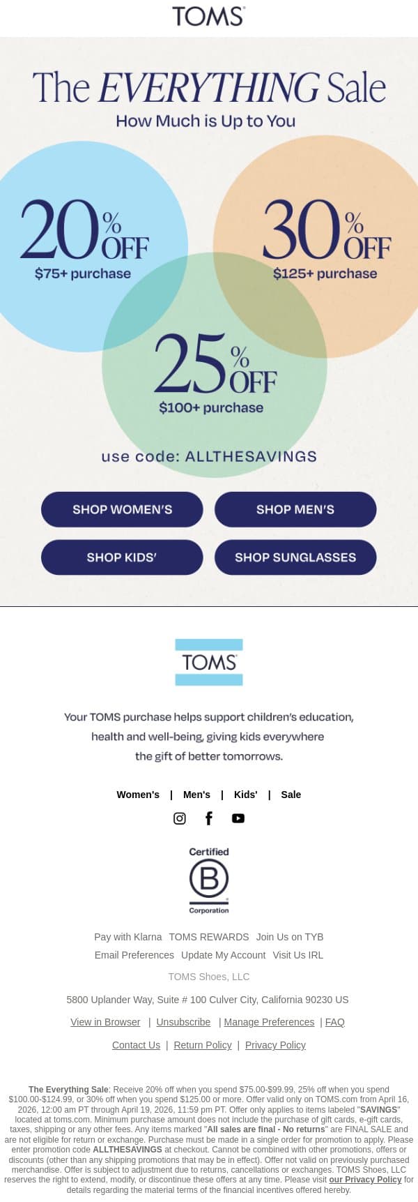 The Everything Sale Starts Now 🏁 email from TOMS screenshot