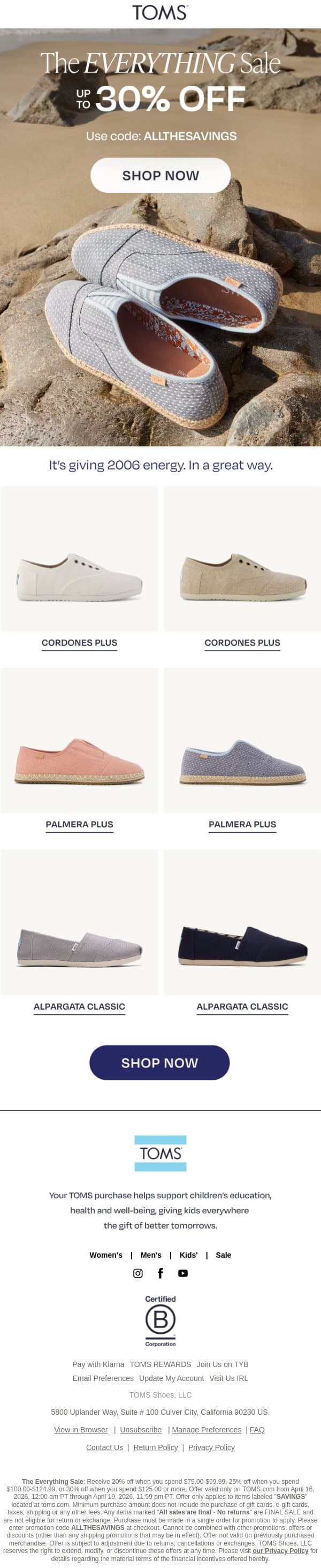 Up to 30% Off Iconic Essentials 🙌 email from TOMS screenshot