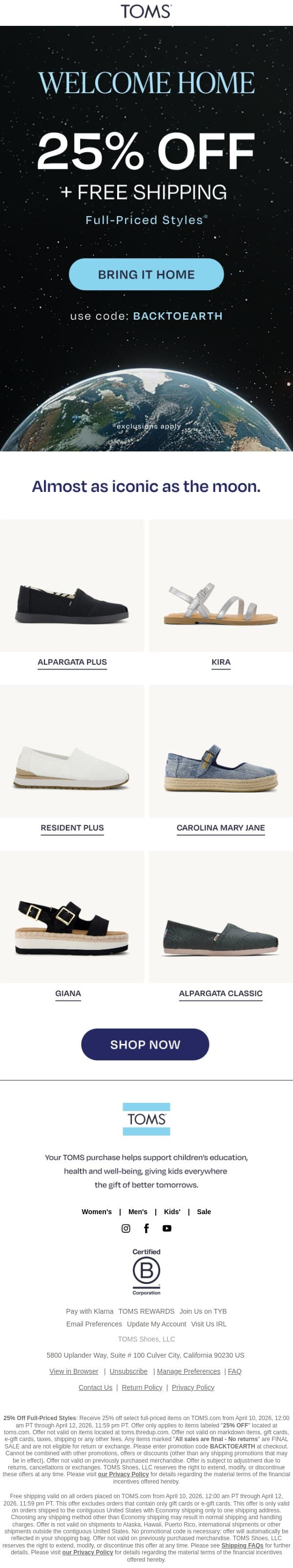 Mission Success! ‍🚀 Enjoy 25% Off + Free Shipping email from TOMS screenshot