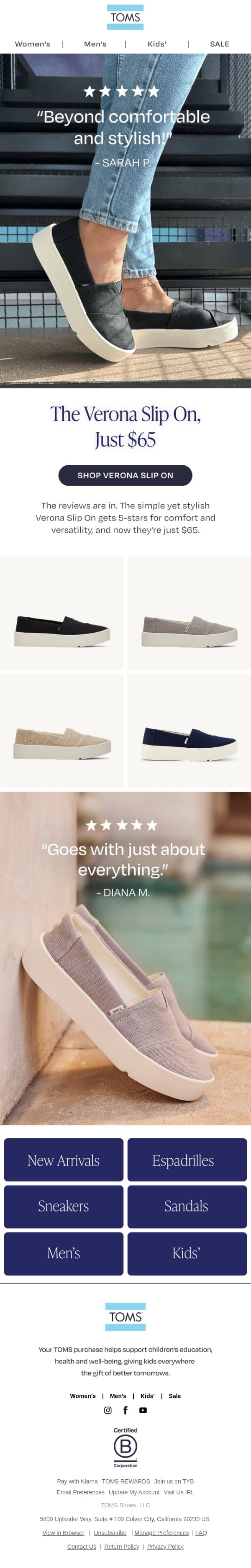 The Verona Slip On is a 5-Star Fave email from TOMS screenshot