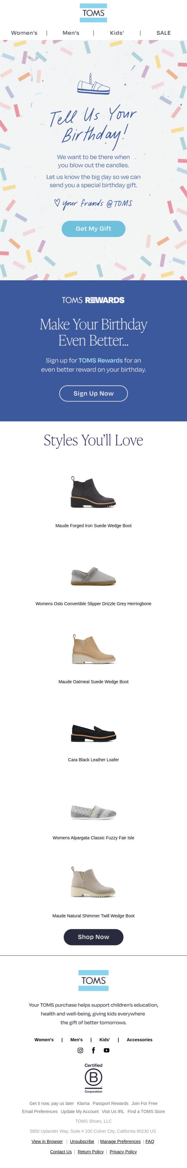 When’s Your Birthday? email from TOMS screenshot