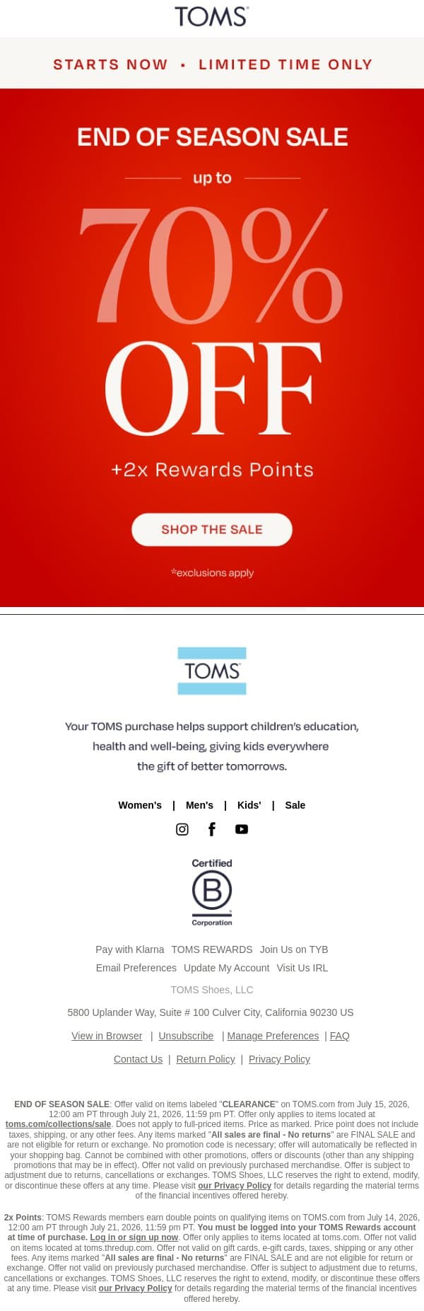 Up to 70% Off Starts Now 🤯 email from TOMS screenshot