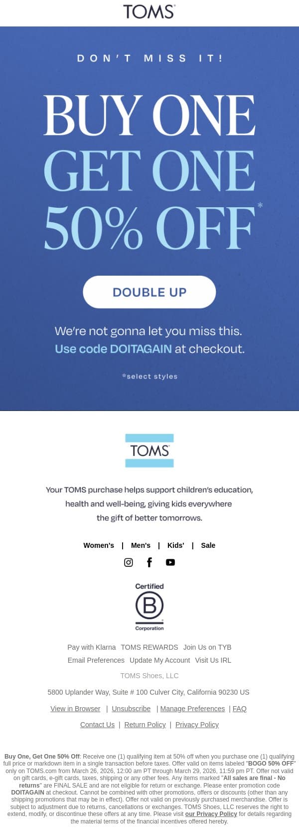 Two Pairs Are Better Than One! ✨ email from TOMS screenshot