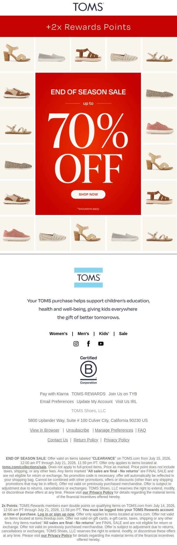 Sunday Steals: Up to 70% Off & 2x Points email from TOMS screenshot