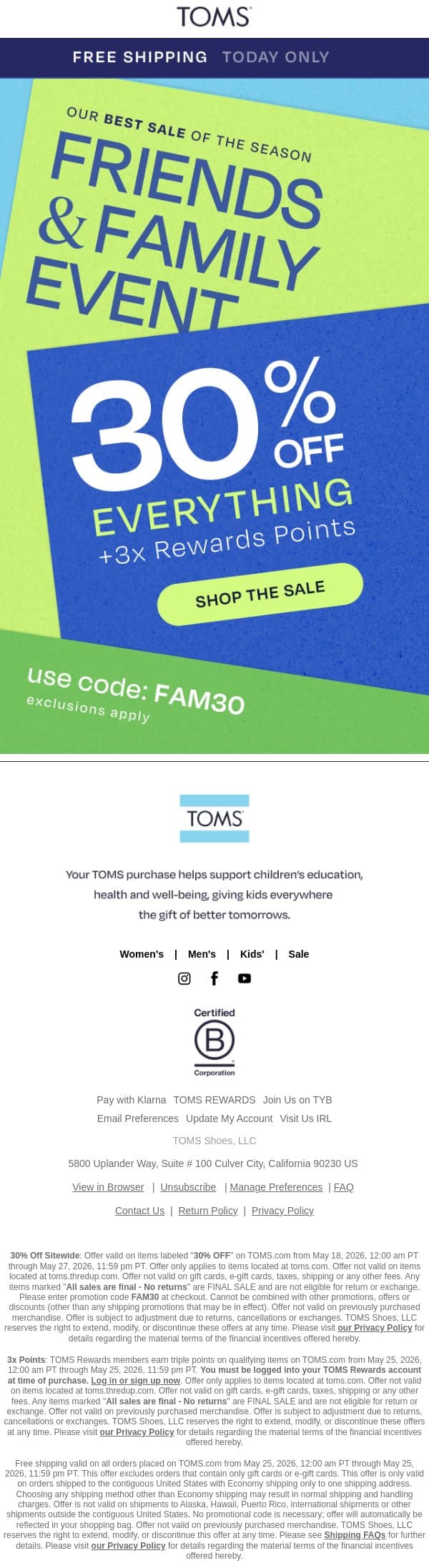 Just Added: FREE Shipping and 3X Points (Plus 30% Off Everything)⚡ email from TOMS screenshot