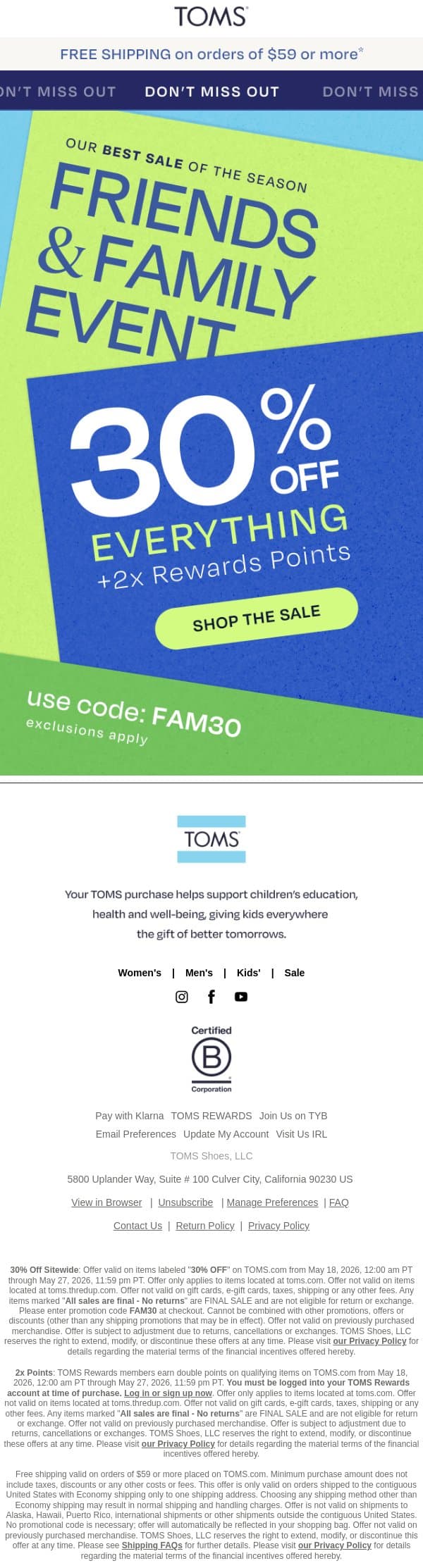 About That 30% Off Everything + 2X Points email from TOMS screenshot