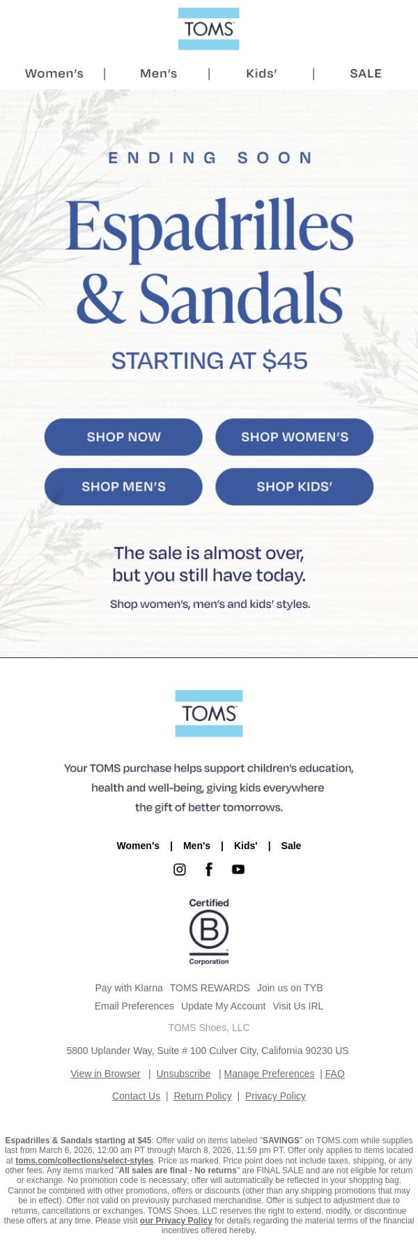 Final Call: Spring Styles Starting at $45 email from TOMS screenshot