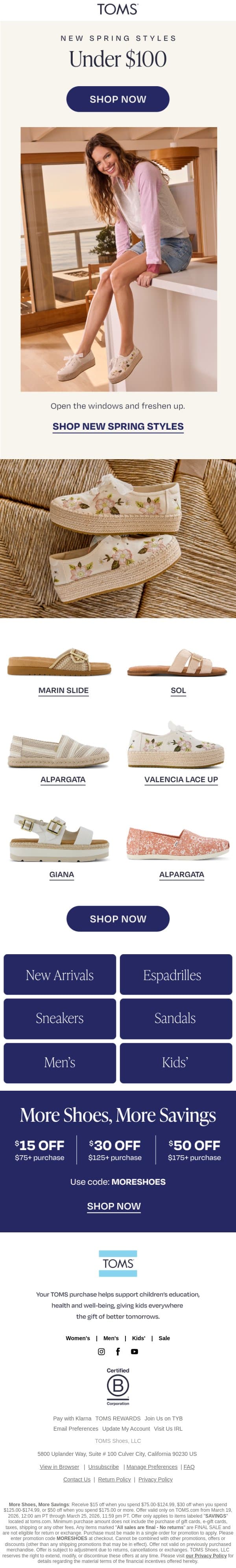 Greet the Spring for Under $100 email from TOMS screenshot