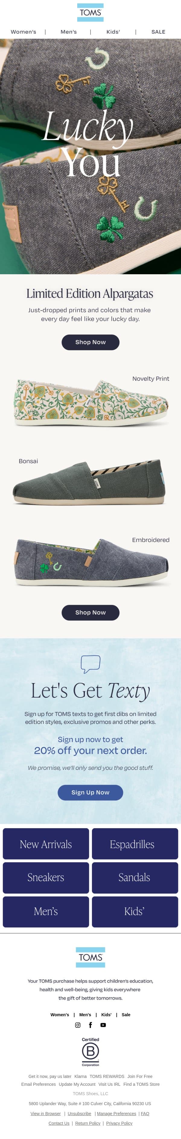 Selling Fast: Limited-Edition Alpargatas email from TOMS screenshot
