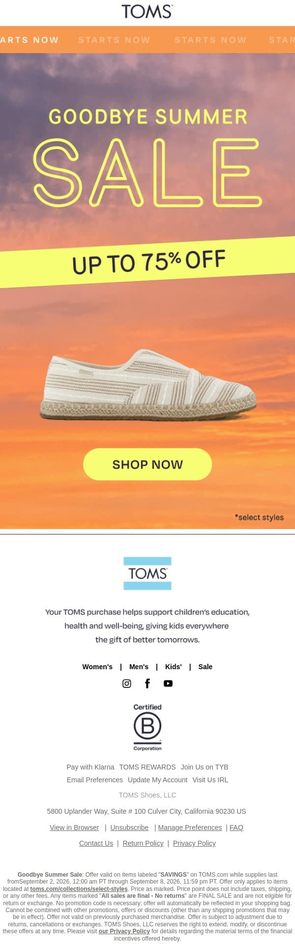 The Goodbye Summer Sale: Up to 75% Off email from TOMS screenshot
