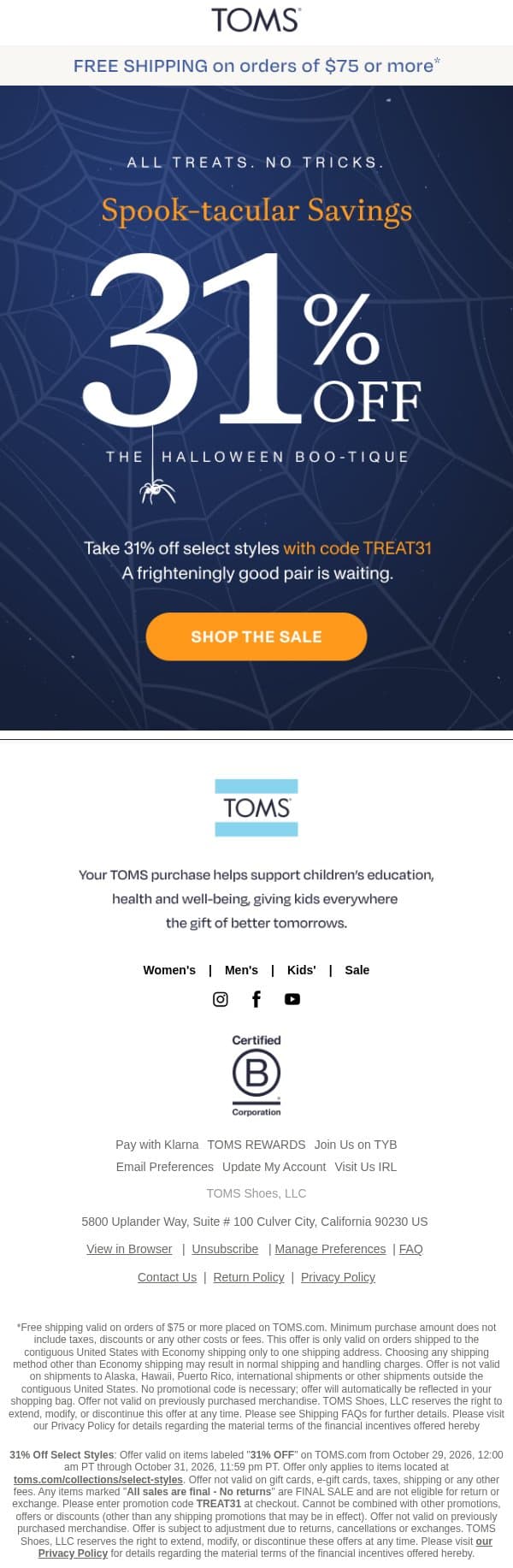 The Boo-tique Is Open: 31% Off Select Styles email from TOMS screenshot
