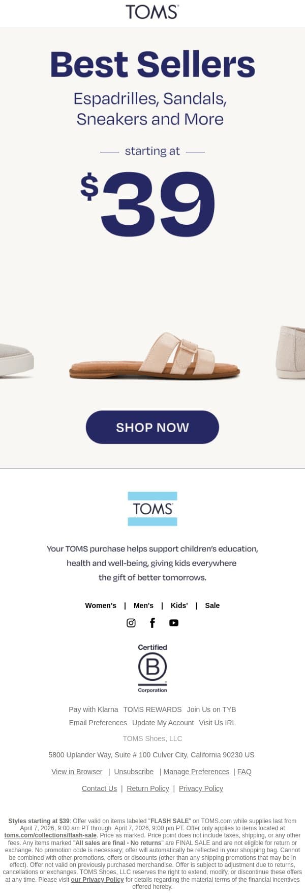 ⚡Best Sellers Starting at $39 email from TOMS screenshot