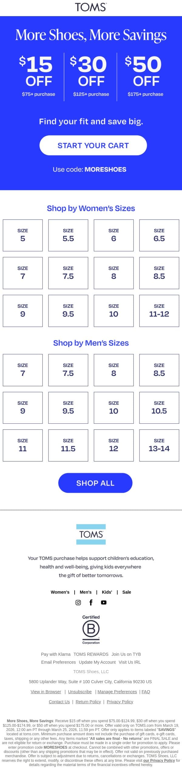 Don’t Let Your Size Sell Out 👀 email from TOMS screenshot