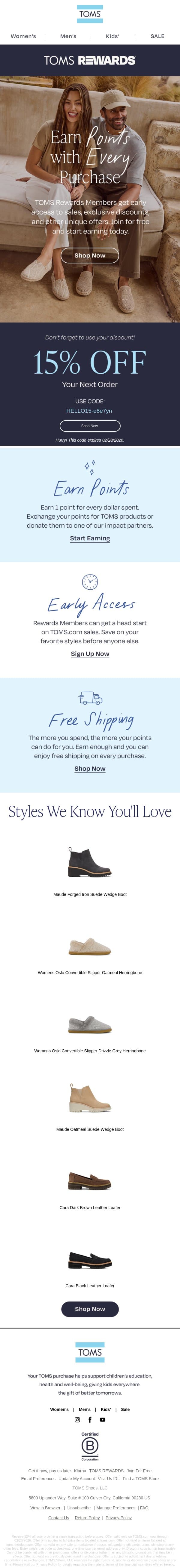 Shop With Purpose — Get 15% Off Your First Order email from TOMS screenshot