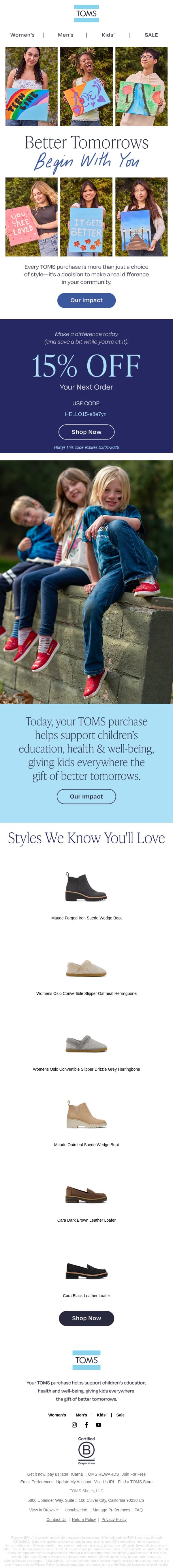 The Power of Your Purchase + Redeem Your 15% Discount email from TOMS screenshot
