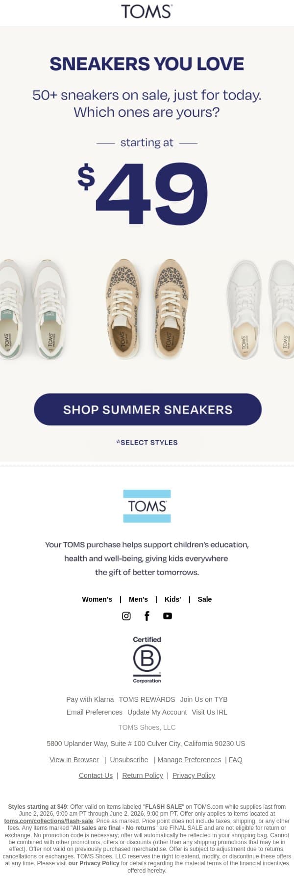 Sneakers You Love⚡Starting at $49 email from TOMS screenshot