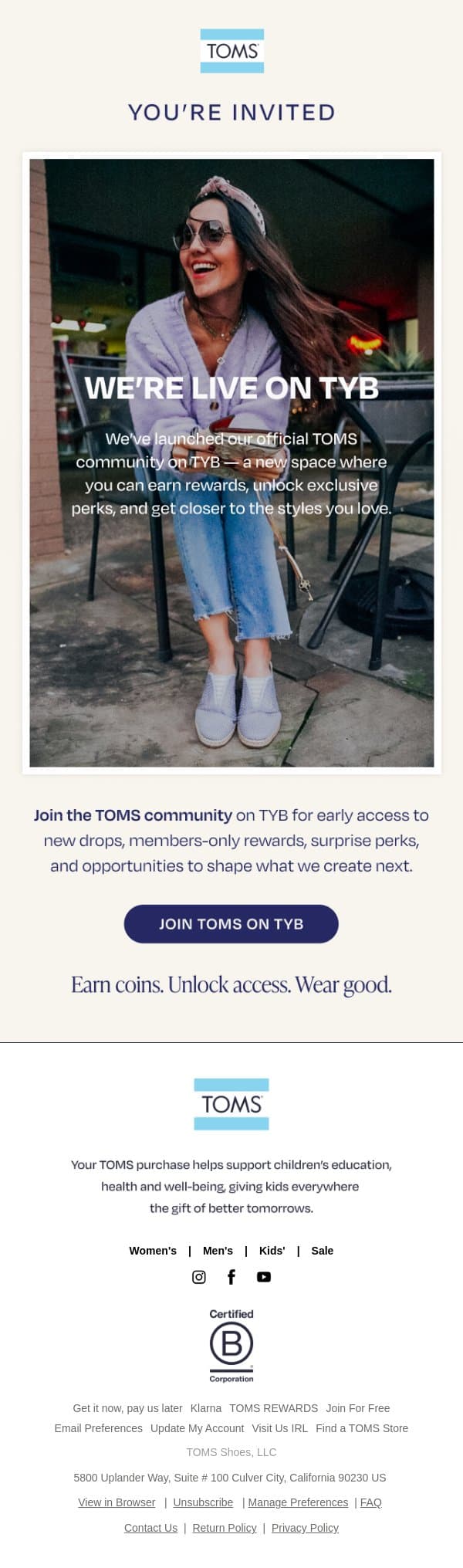 🩵 Join TOMS on TYB 🩵 email from TOMS screenshot