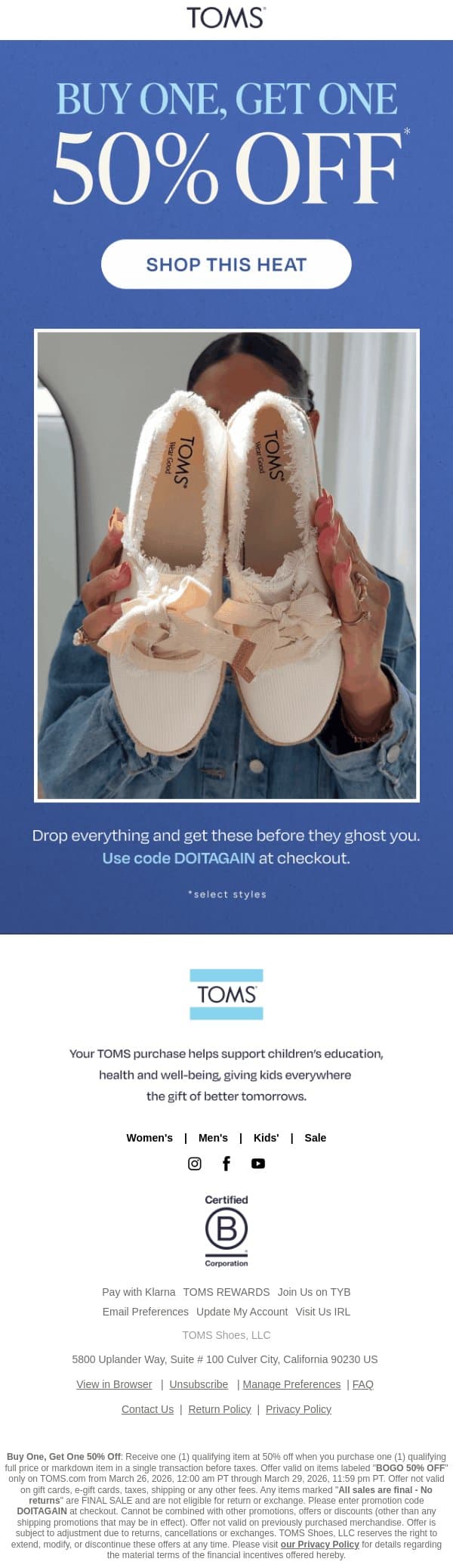 Shop BOGO 50% Off Before They’re Gone ⏳ email from TOMS screenshot