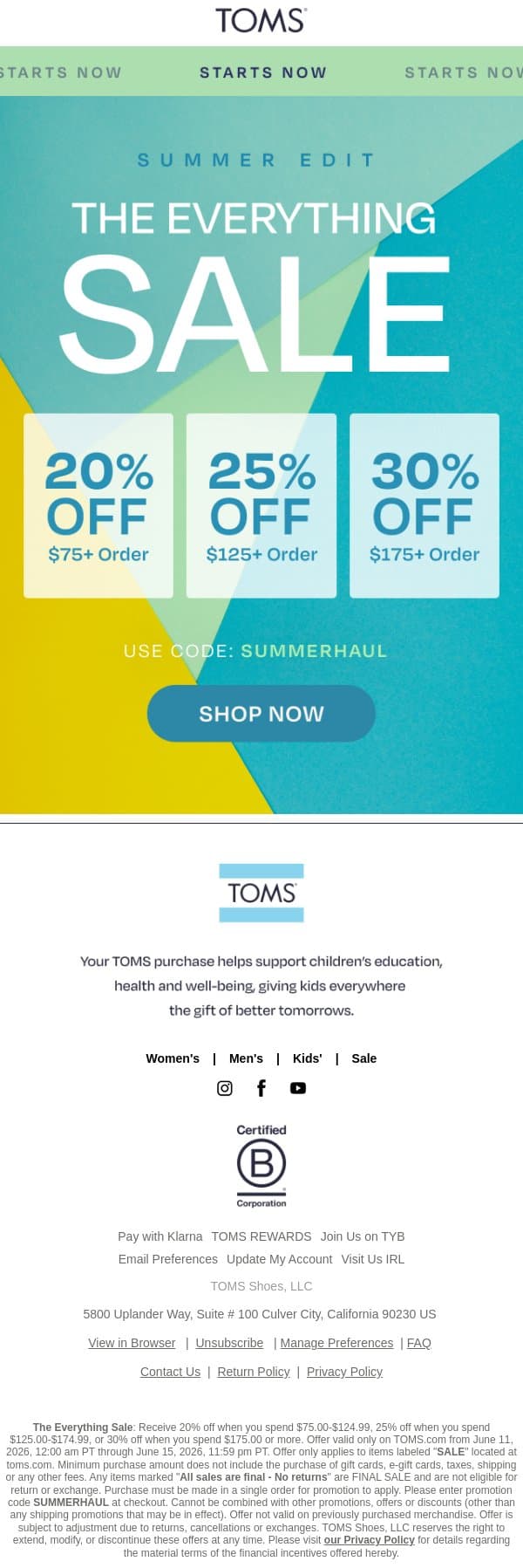 The Everything Sale Is ON 🔥 email from TOMS screenshot