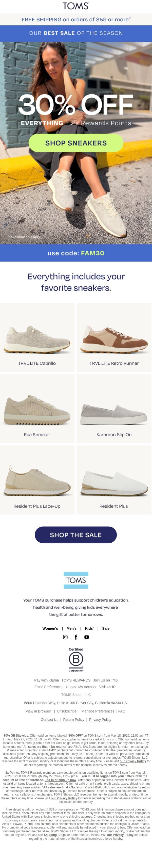Your Favorite Sneakers are 30% Off 👟 email from TOMS screenshot