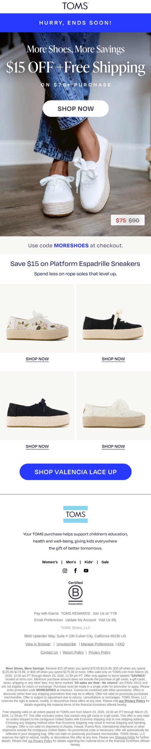 Platform Espadrilles for $15 Off + Free Shipping email from TOMS screenshot