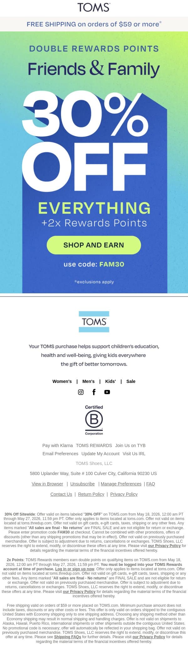30% Off Sitewide + 2X Points? Yes, Please. ⚡ email from TOMS screenshot