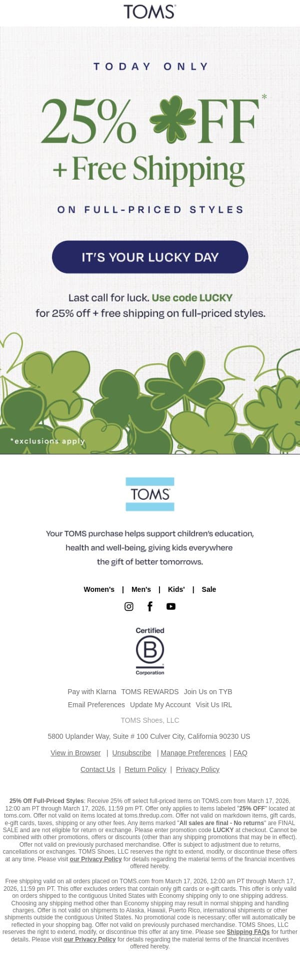 Ends Tonight: 25% Off + Free Shipping 🍀🌈 email from TOMS screenshot