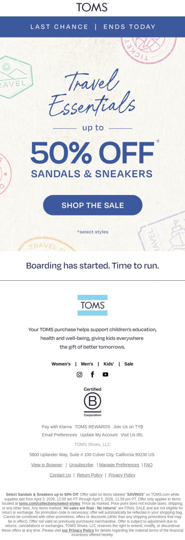 Up to 50% Sale Departs Today 🛫 email from TOMS screenshot