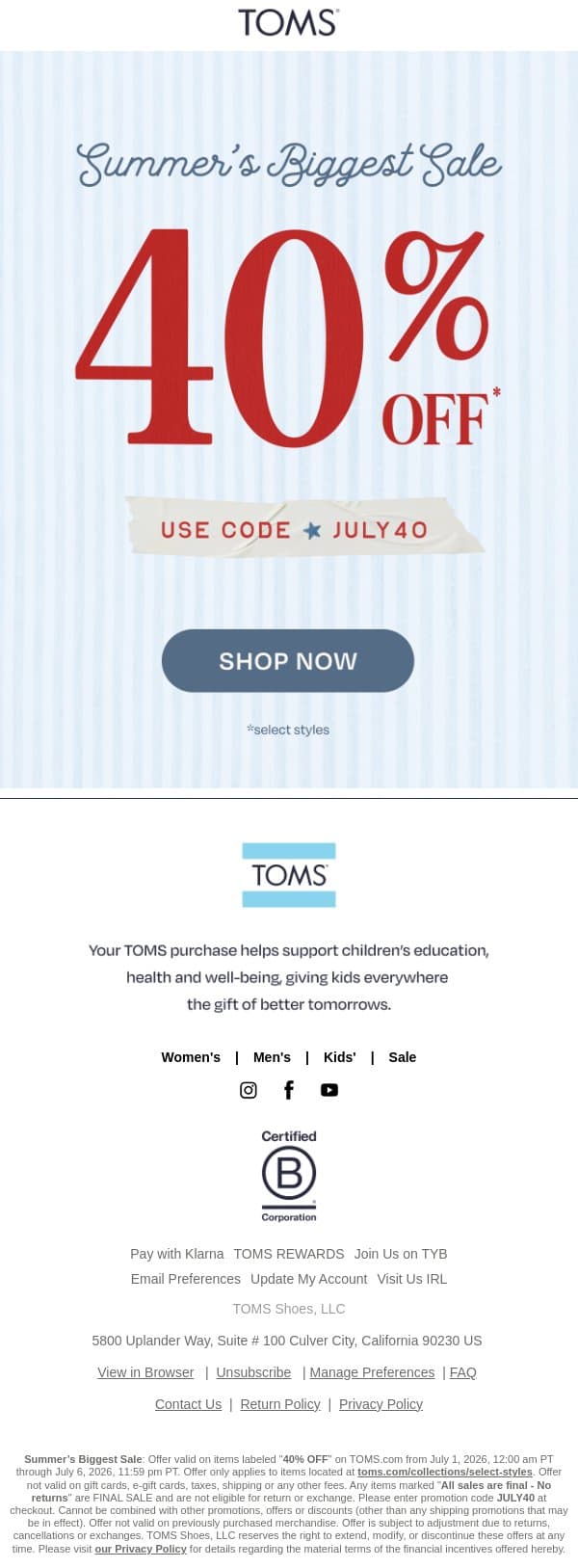 40% Off for the Fourth 🇺🇲 email from TOMS screenshot