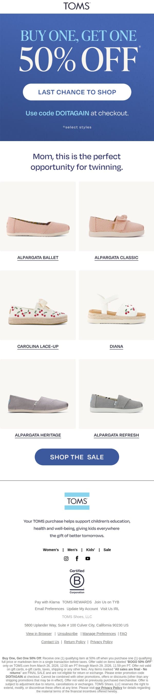 Last Chance: Get a Second Pair 50% Off email from TOMS screenshot