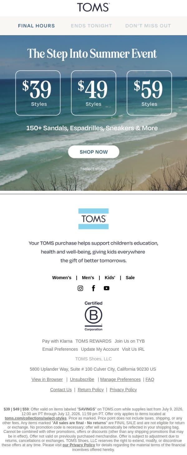 ☀️Last Day for Step Into Summer Deals☀️ email from TOMS screenshot