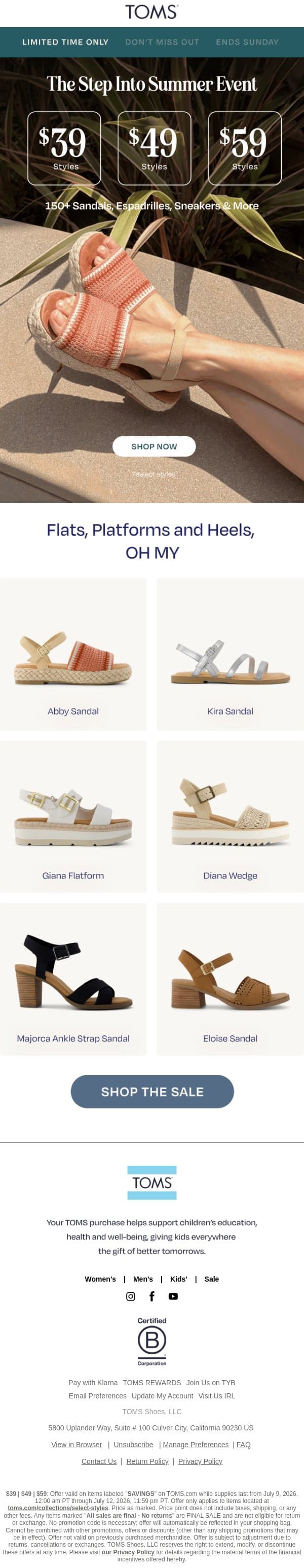 “Find Sandals at $39, $49 & $59” email from TOMS screenshot