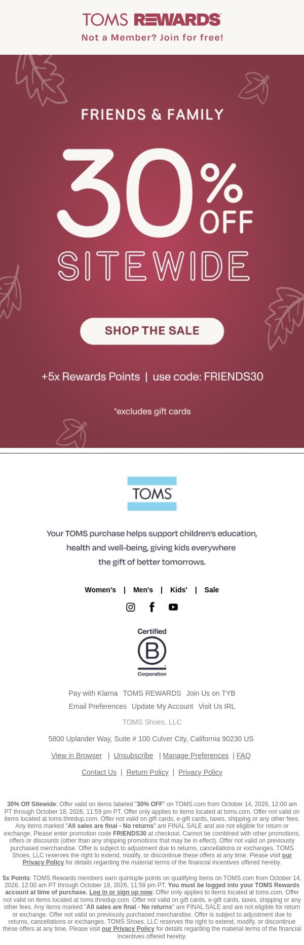 First Time Ever: Earn 5X Points + Take 30% Off email from TOMS screenshot