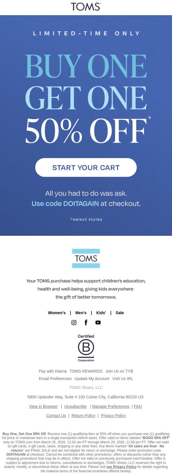 📣 Buy One, Get One 50% Off email from TOMS screenshot