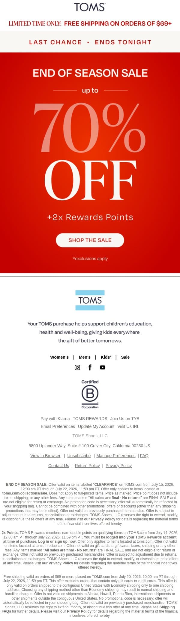 Last Day to Save Up to 70% & Earn 2x Points ‼️ email from TOMS screenshot